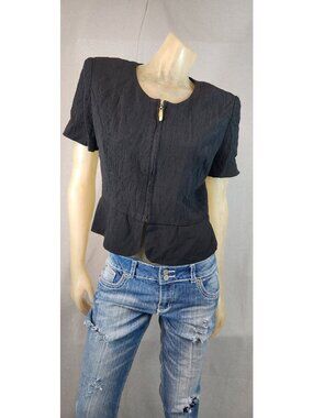 Vintage Taurus II Black Zip Front Short Sleeve Shirt Top Blouse SMALL Womens